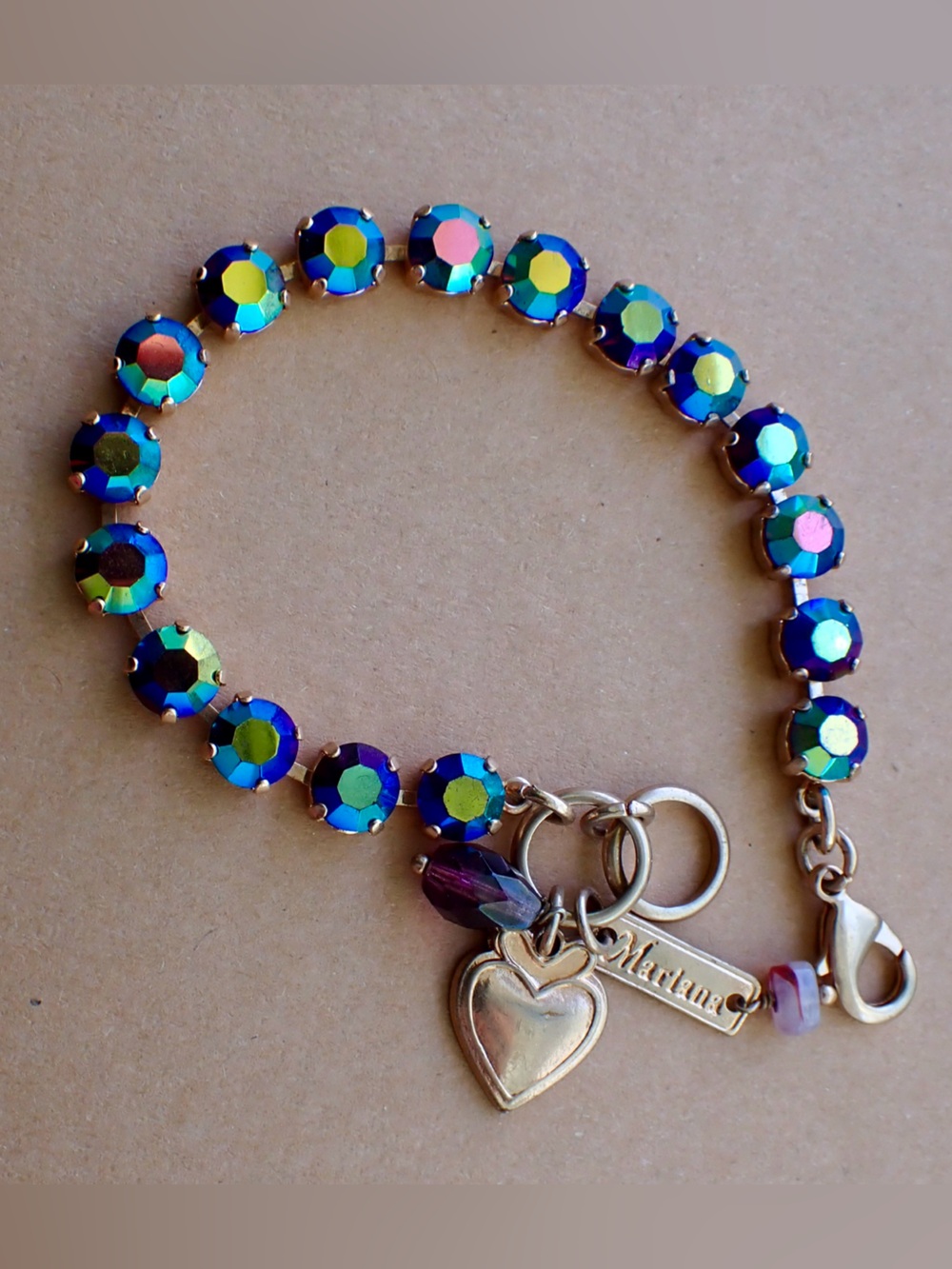 Mariana Iridescent Sapphire AB Blue Crystal Heart Charm Bracelet